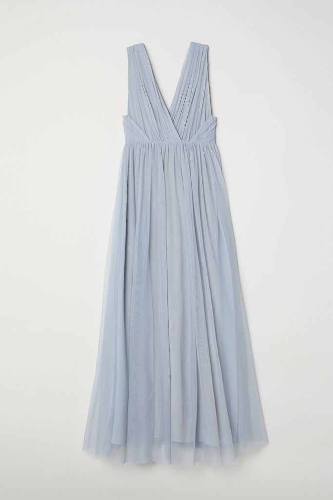 H&M Lace Pleated Maxi Bridesmaid Dress, Lilac/Pale Blue 
