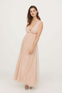 H&M V-Neck Bridesmaid Mesh Maxi Dress Powder Pink