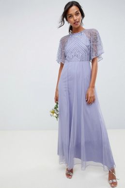 ASOS DESIGN bridesmaid embellished angel sleeve maxi dress Lilac