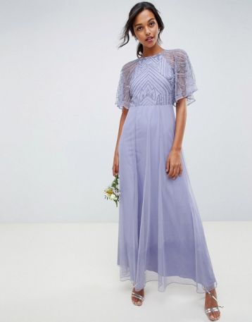 ASOS DESIGN bridesmaid embellished angel sleeve maxi dress Lilac