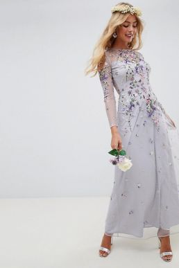 ASOS DESIGN Bridesmaid sleeve embroidered maxi dress Lilac Multi