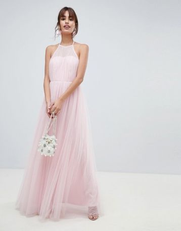 ASOS DESIGN Premium Halter Tulle Maxi Dress Pink Blush