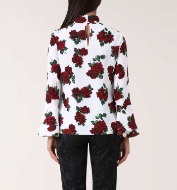 Hobbs Cora Sleeve Rose Print Blouse White Red