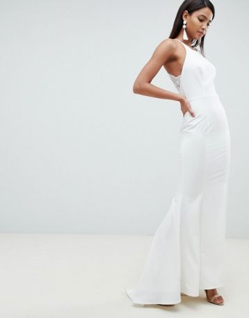 Jarlo cami strap fishtail maxi dress lace button back detail, white - Image 4