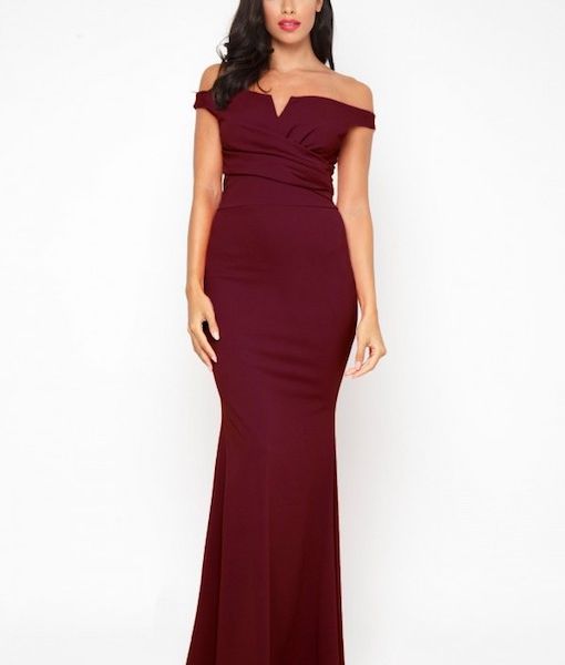 burgundy bardot bridesmaid dress