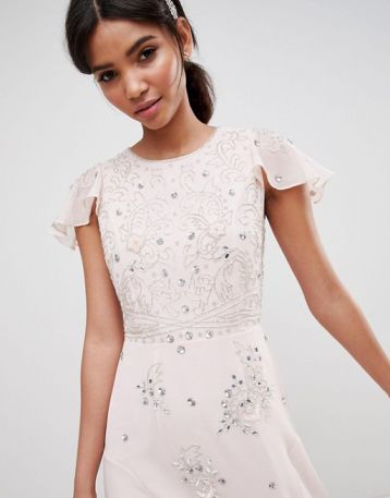ASOS DESIGN bridesmaid embellished flutter sleeve maxi dress Blush Pink