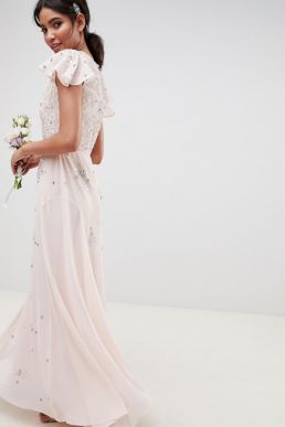 ASOS DESIGN bridesmaid embellished flutter sleeve maxi dress Blush Pink