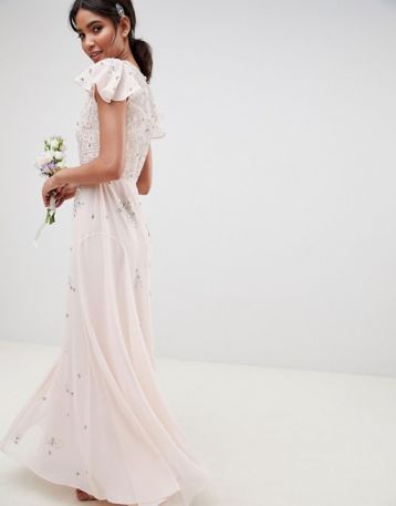 ASOS DESIGN bridesmaid embellished flutter sleeve maxi dress Blush Pink