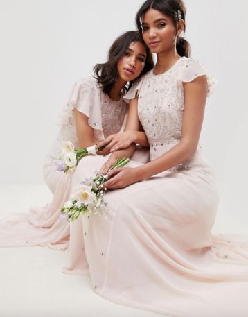 ASOS DESIGN bridesmaid embellished flutter sleeve maxi dress Blush Pink