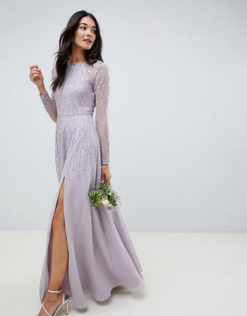 ASOS DESIGN Bridesmaid maxi dress linear sequin long sleeves Grey Lilac