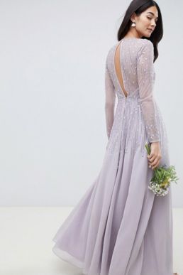 ASOS DESIGN Bridesmaid maxi dress linear sequin long sleeves Grey Lilac