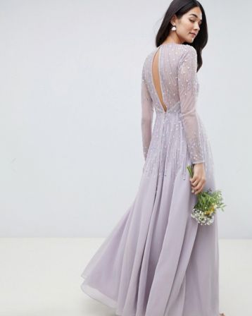 ASOS DESIGN Bridesmaid maxi dress linear sequin long sleeves Grey Lilac