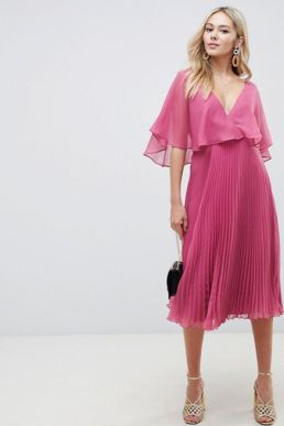 ASOS DESIGN flutter sleeve midi dress with pleat skirt Pink