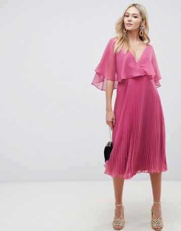 ASOS DESIGN flutter sleeve midi dress with pleat skirt Pink