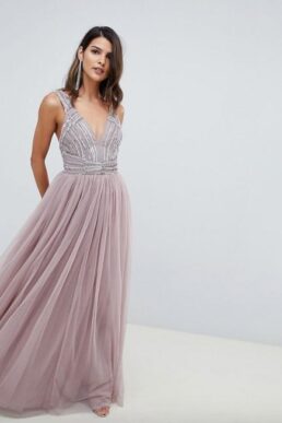 ASOS DESIGN maxi dress in tulle with embellished bodice, Blush/Pink/Mink