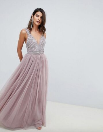 ASOS DESIGN maxi dress in tulle with embellished bodice, Blush/Pink/Mink