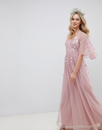 ASOS DESIGN Bridesmaid Maxi dress cape sleeve embroidered mesh Pink Blush
