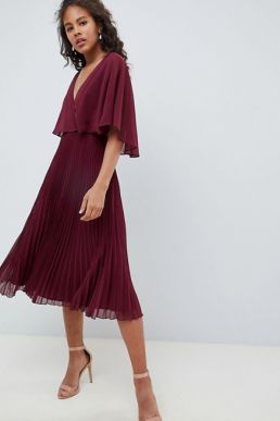 ASOS DESIGN midi dress with pleat skirt and flutter sleeve Merlot