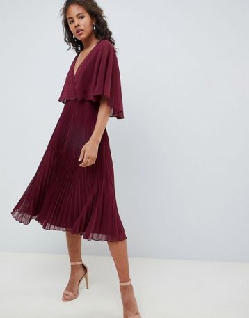 ASOS DESIGN midi dress with pleat skirt and flutter sleeve Merlot