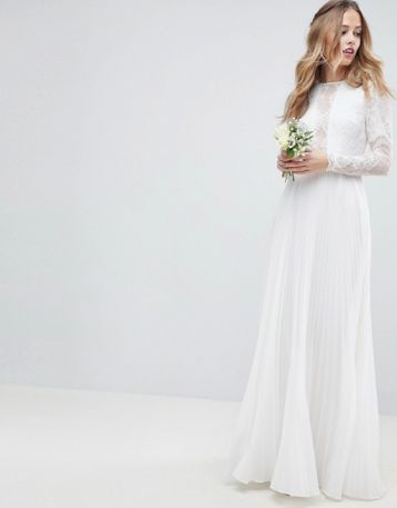 ASOS EDITION Sleeve Lace Bodice Maxi Wedding Dress Pleated Skirt Ivory