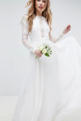 ASOS EDITION Sleeve Lace Bodice Maxi Wedding Dress Pleated Skirt Ivory
