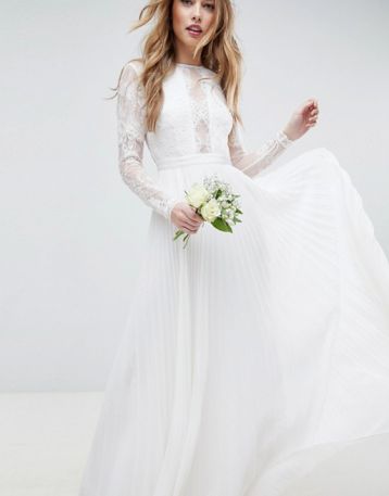 ASOS EDITION Sleeve Lace Bodice Maxi Wedding Dress Pleated Skirt Ivory