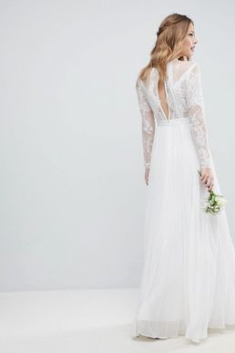 ASOS EDITION Sleeve Lace Bodice Maxi Wedding Dress Pleated Skirt Ivory