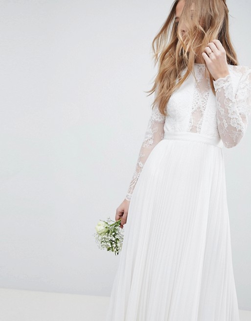 ASOS EDITION Sleeve Lace Bodice Maxi Wedding Dress Pleated Skirt, Ivory ...