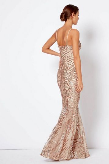 Club L London Sequin Fishtail Maxi Dress Gold