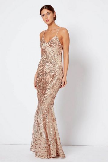 Club L London Sequin Fishtail Maxi Dress Gold