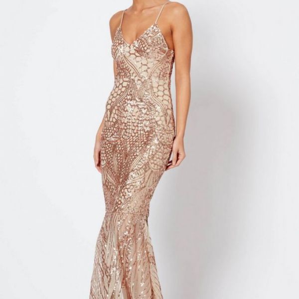 Club L London Sequin Fishtail Maxi Dress Gold myonewedding