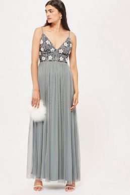 Lace & Beads Avon Floral Maxi Dress Silver Grey