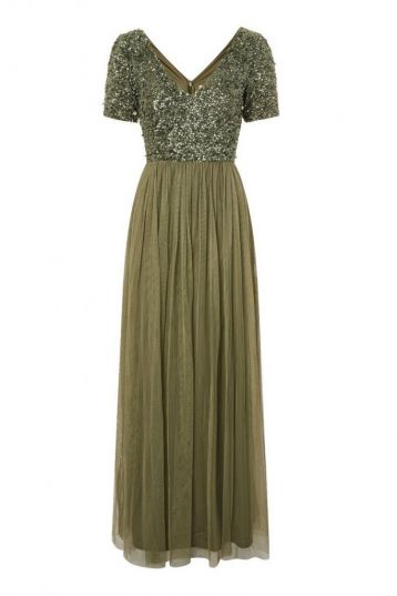 Lace & Beads Chandelier Fit and Flare Maxi Dress Olive Green