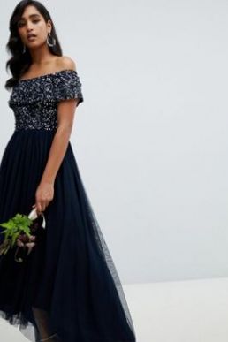 Maya Bardot High Low Sequin Maxi Dress Navy