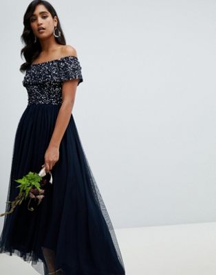navy bardot bridesmaid dress