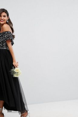 Maya Bardot High Low Sequin Maxi Dress Navy