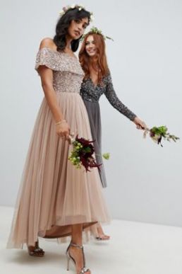 Maya Bardot High Low Sequin Maxi Dress Blush Taupe