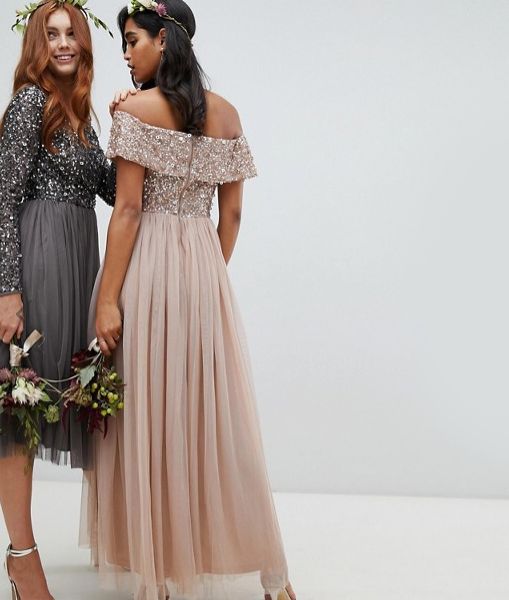 maya bardot sequin top tulle detail dress with high low hem