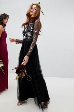 Maya floral embellished long sleeve maxi dress black