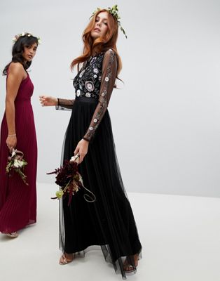 Maya floral embellished long sleeve maxi dress, black