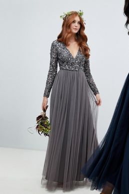 Maya long sleeve wrap front maxi dress sequin and tulle skirt Grey Charcoal