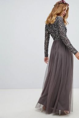 Maya long sleeve wrap front maxi dress sequin and tulle skirt Grey Charcoal