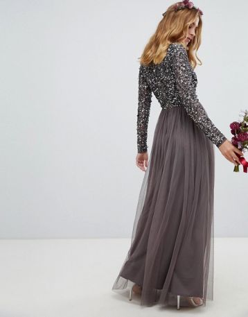 Maya long sleeve wrap front maxi dress sequin and tulle skirt Grey Charcoal