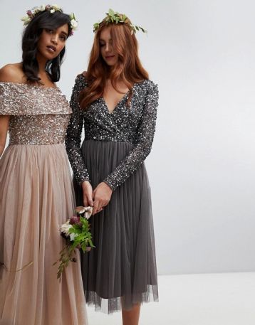 Maya Sleeve Midi Bridesmaid Dress Sequin and Tulle Skirt Grey Charcoal