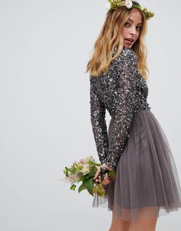 Maya Sleeve Midi Bridesmaid Dress Sequin and Tulle Skirt Grey Charcoal
