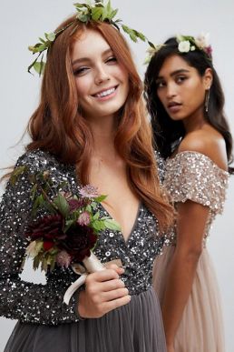 Maya Sleeve Midi Bridesmaid Dress Sequin and Tulle Skirt Grey Charcoal