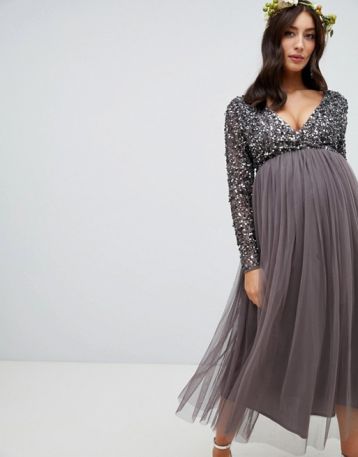 Maya Sleeve Midi Bridesmaid Maternity Dress Sequin and Tulle Skirt Grey Charcoal