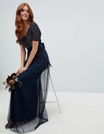 Maya V Neck Maxi Tulle Bridesmaid Sequin Dress, Navy - myonewedding.co.uk