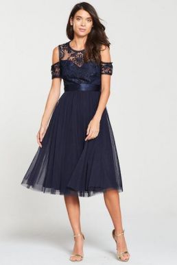 V by Very Bridesmaid Cold Shoulder Prom Dress Navy
