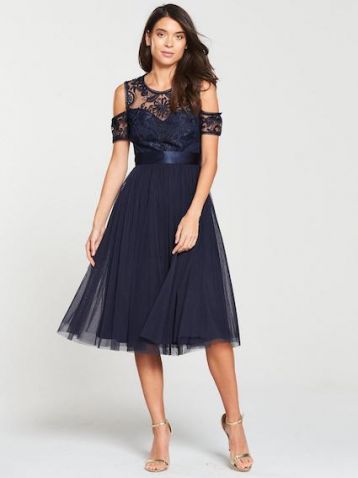 V by Very Bridesmaid Cold Shoulder Prom Dress Navy